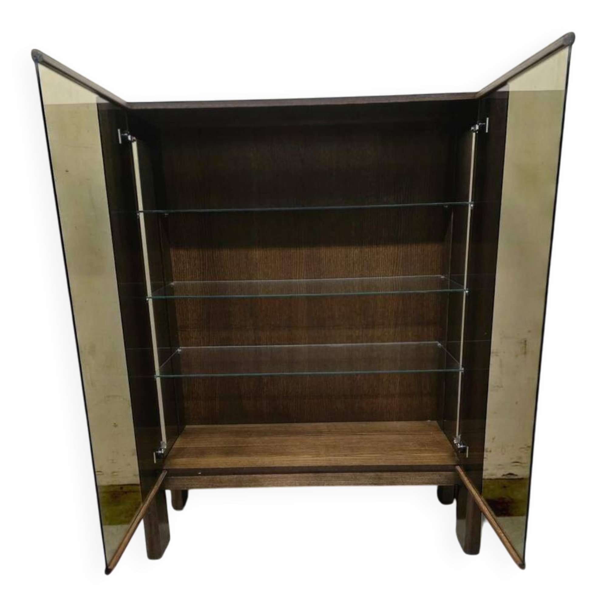 Vitrine vintage en bois massif avec verre fumé