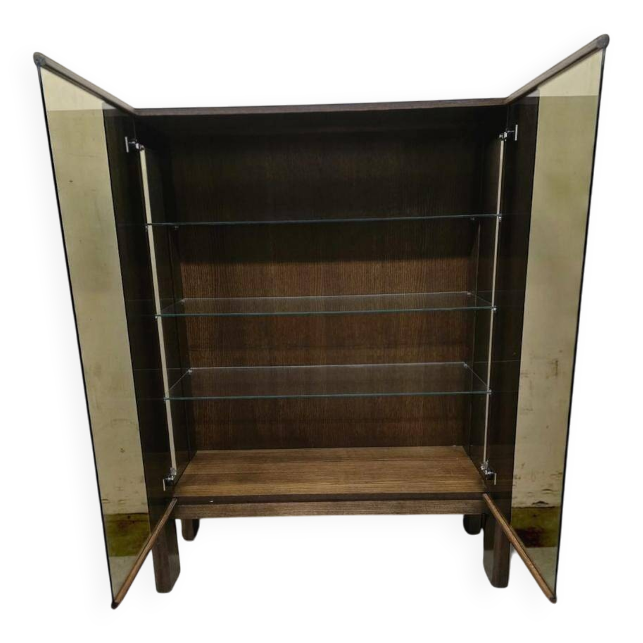 Vitrine vintage en bois massif avec verre fumé