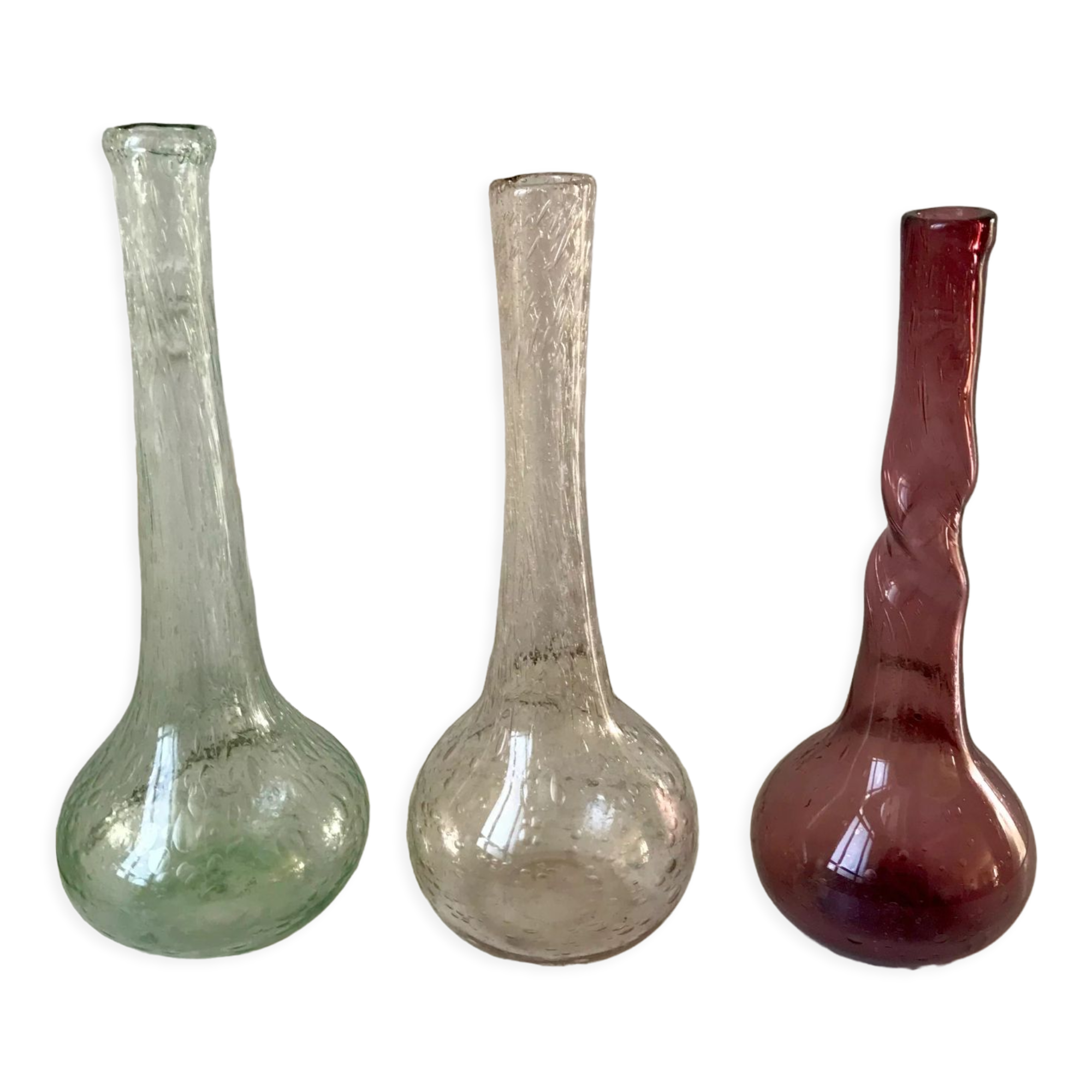 trio of Biot bubbled glass vases signed green 60s-70s