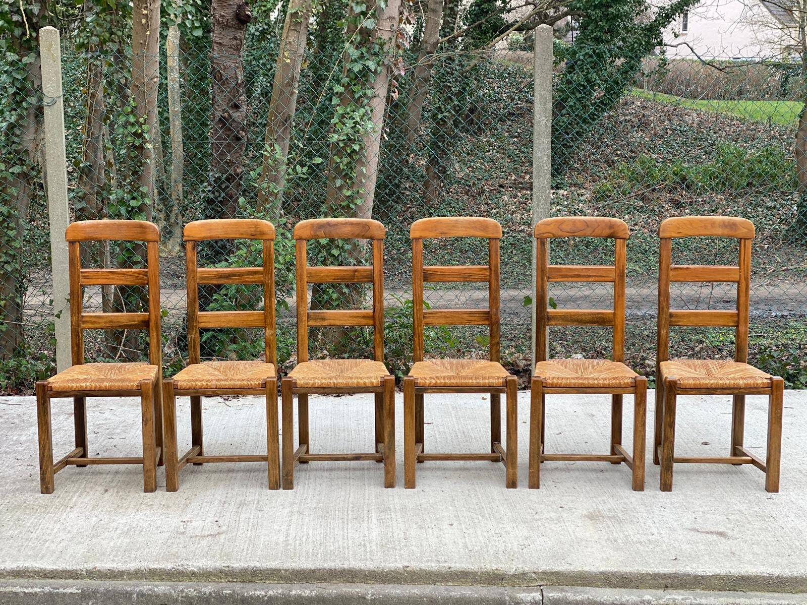 6 vintage solid oak wood straw dining chairs