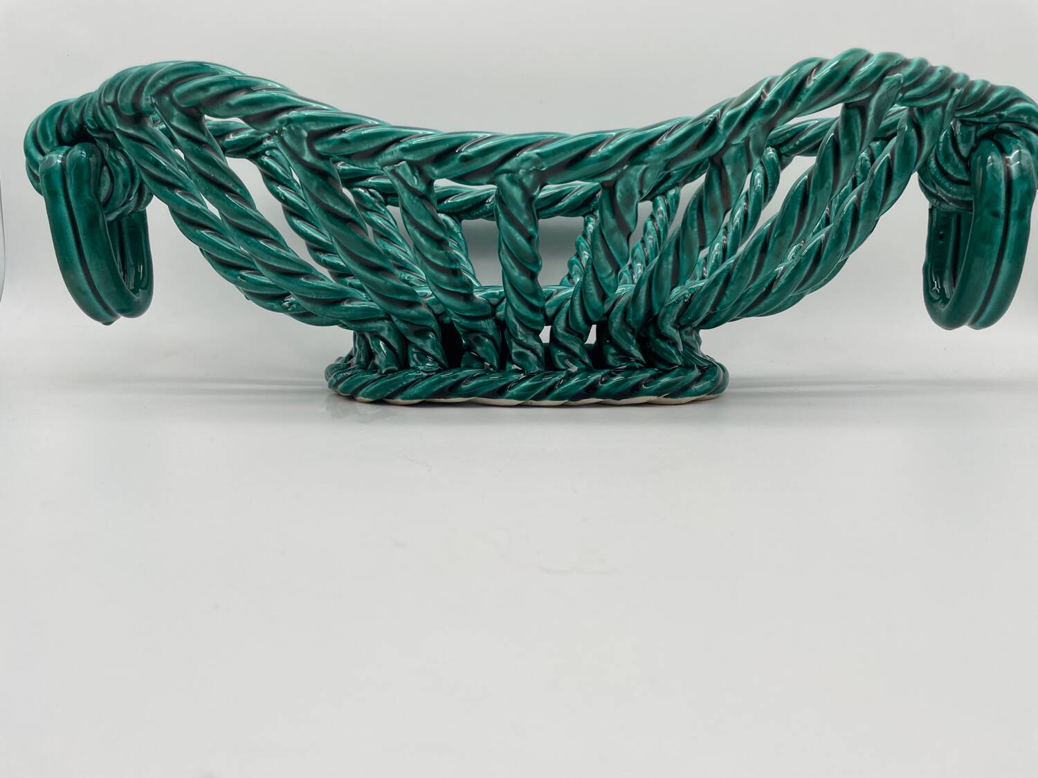 Vintage fruit basket in green enamelled woven earthenware