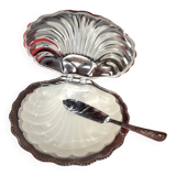 Silver-plated metal scallop butter dish and white glass bowl