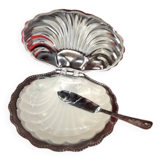 Beurrier coquille saint jacques métal argenté et coupelle en verre blanc