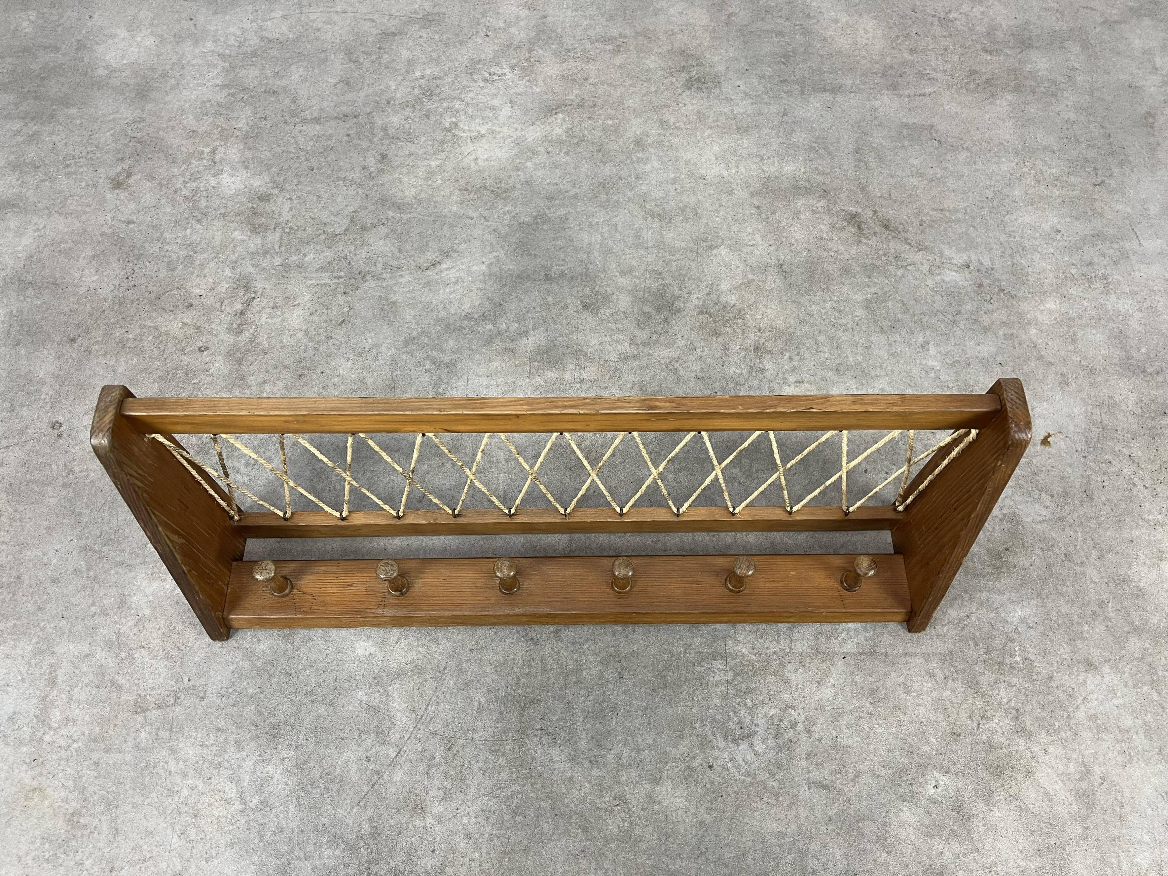 Vintage wooden wall coat rack with 6 chalet-style hooks