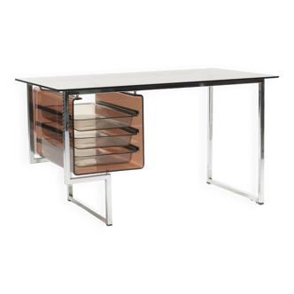 Bureau en verre et plexiglass fumé, 1970s