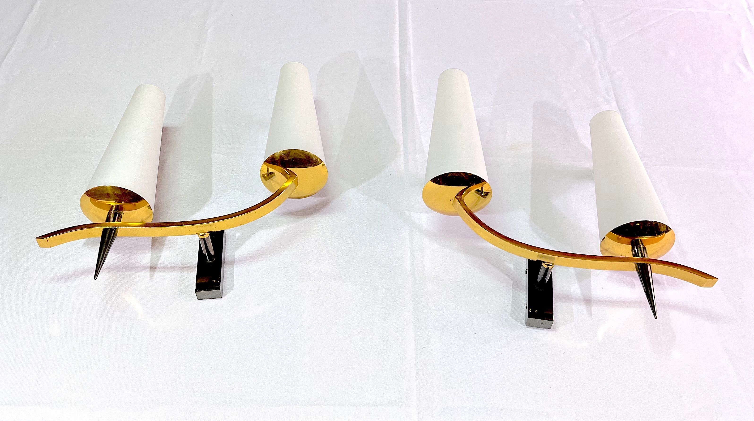 Pair of double sconces in brass and opaline, Maison Arlus, France, Mid-Century