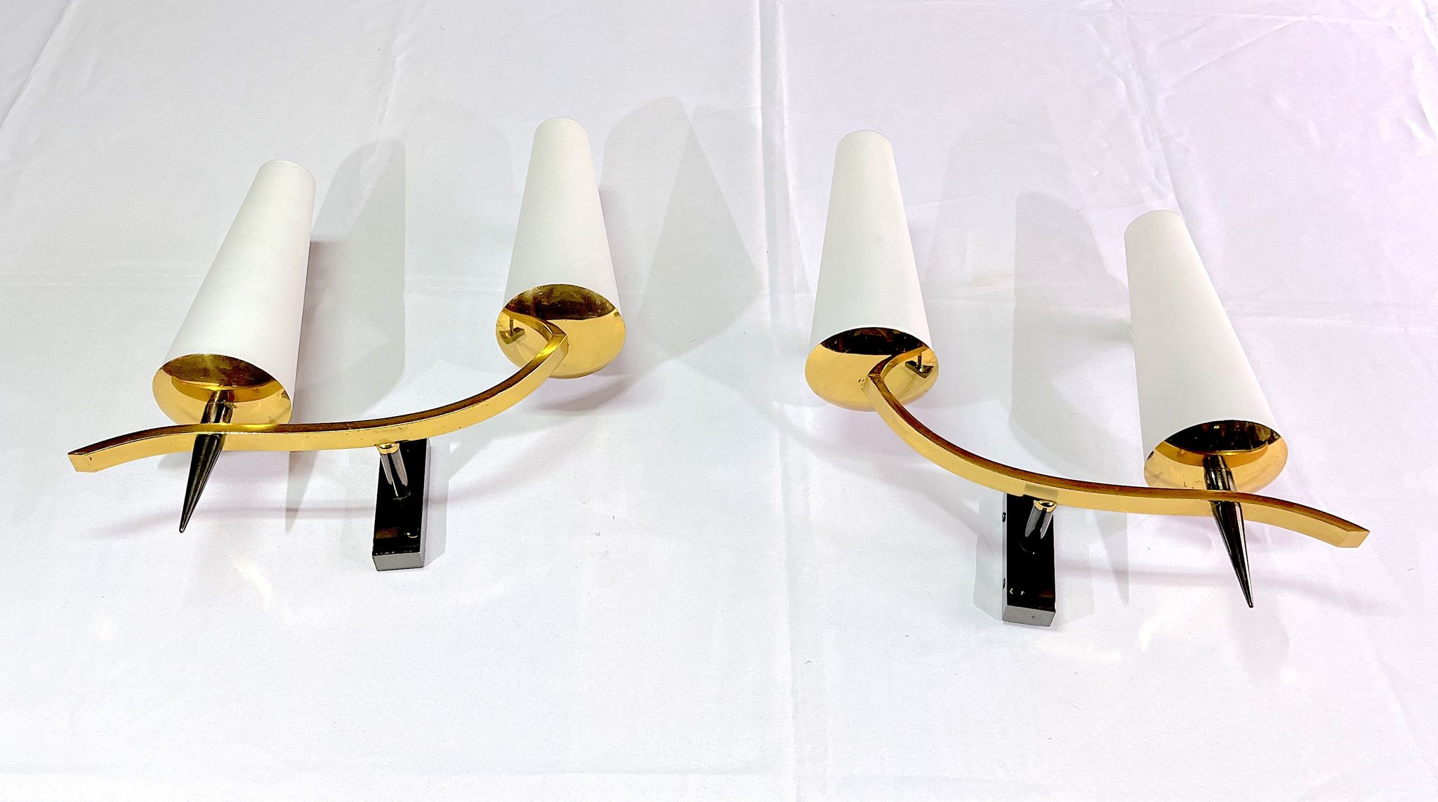 Pair of double sconces in brass and opaline, Maison Arlus, France, Mid-Century