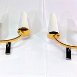 Pair of double sconces in brass and opaline, Maison Arlus, France, Mid-Century