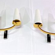 Pair of double sconces in brass and opaline, Maison Arlus, France, Mid-Century