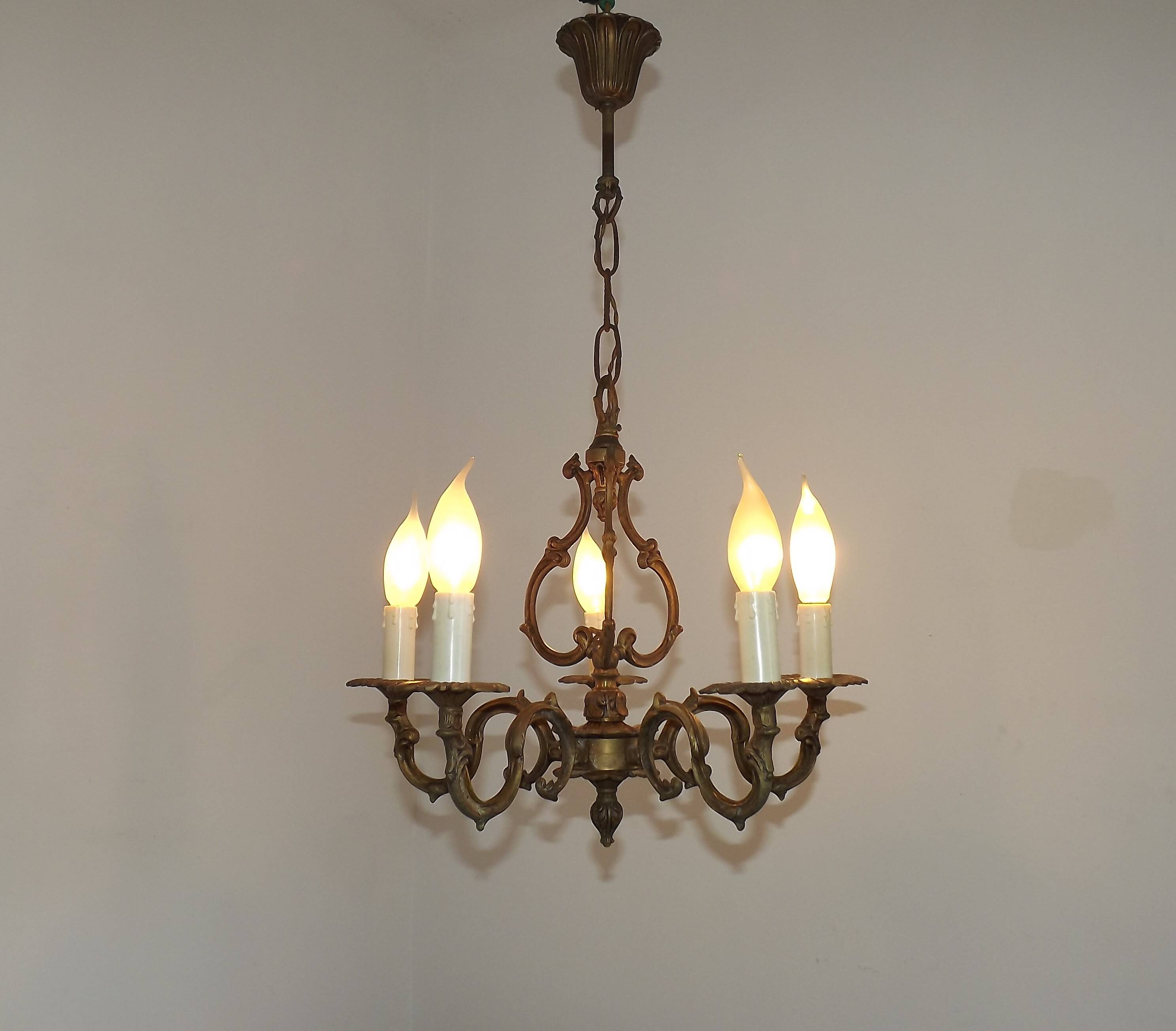 Elegant French Antique Bronze 5 Light 3 Sided Cage Style Chandelier