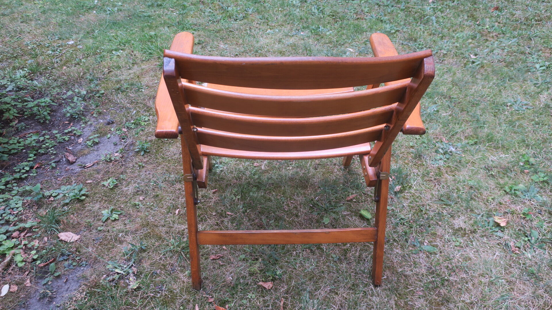 Mid century patinated wood folding garden or patio elbow chair, 1960s