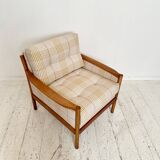 Mid-Century Scandinavian Armchair in Cherry Wood and Checked Fabric, 1960s