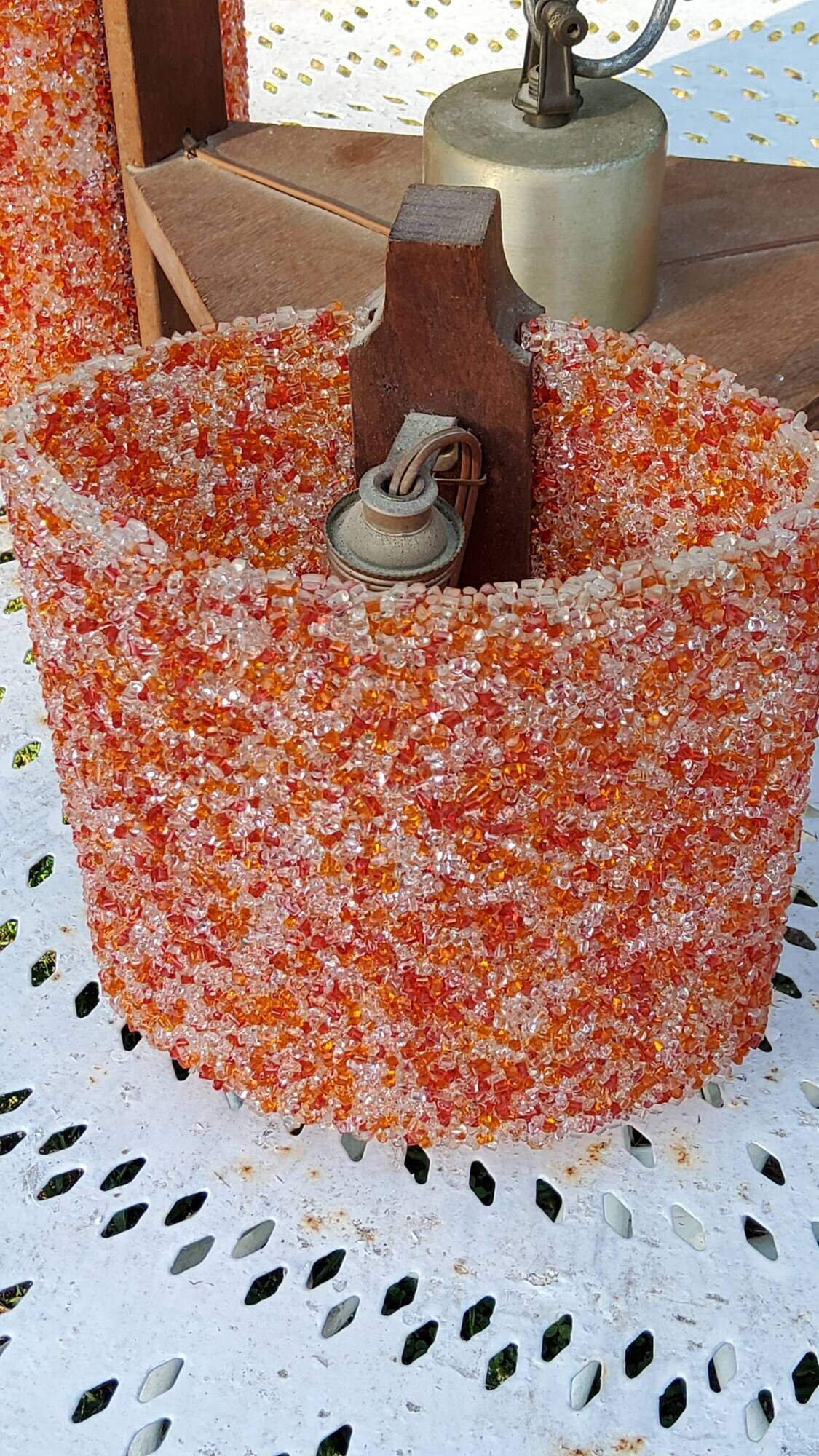 70s Scandinavian style chandelier in wood and orange granite resin 3 lights