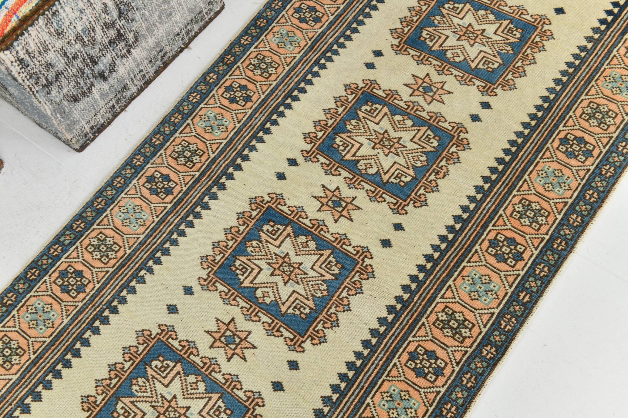 2x11 shades of cream blue oushak runner rug