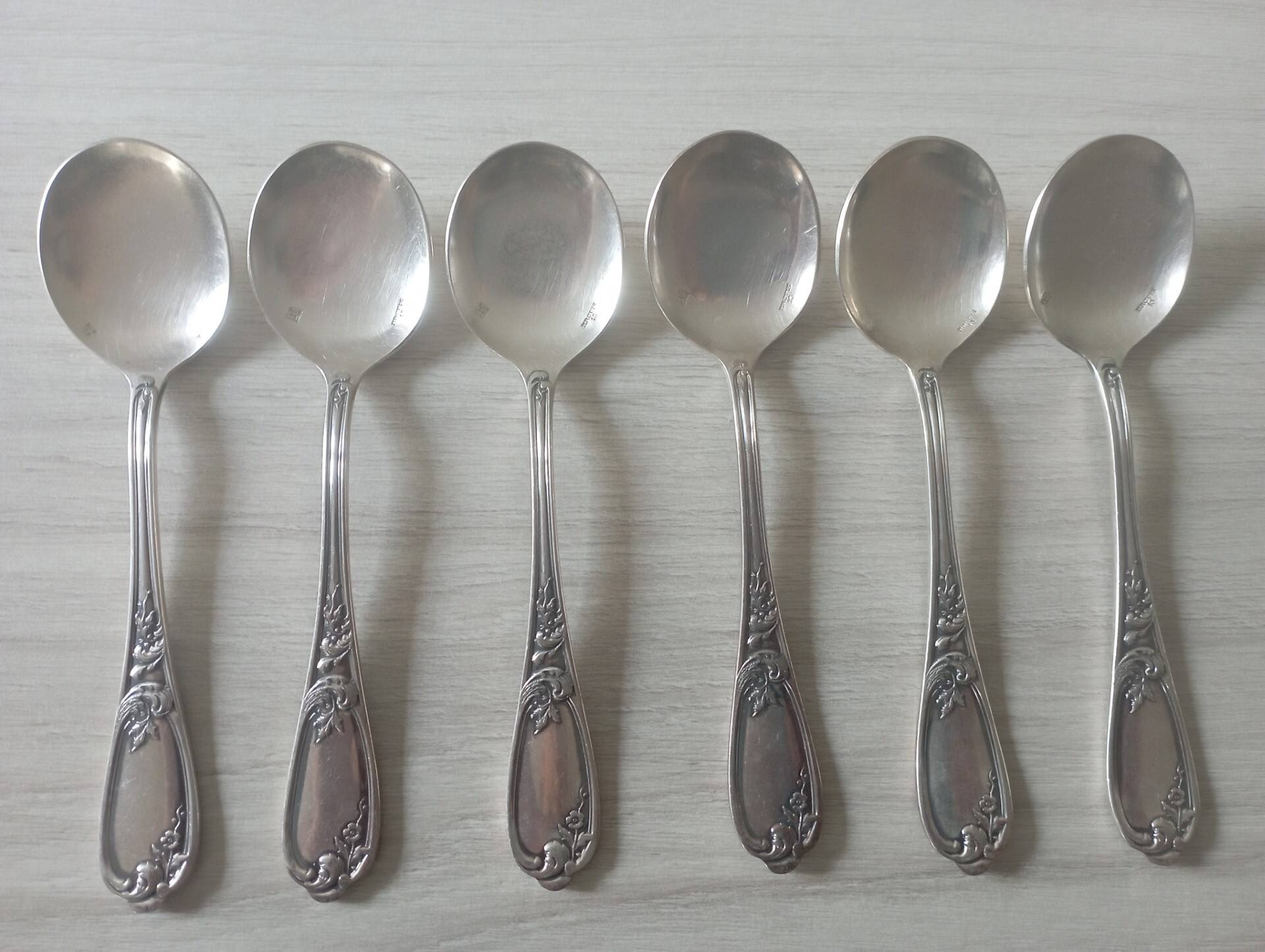 Set of 6 small silver metal spoons