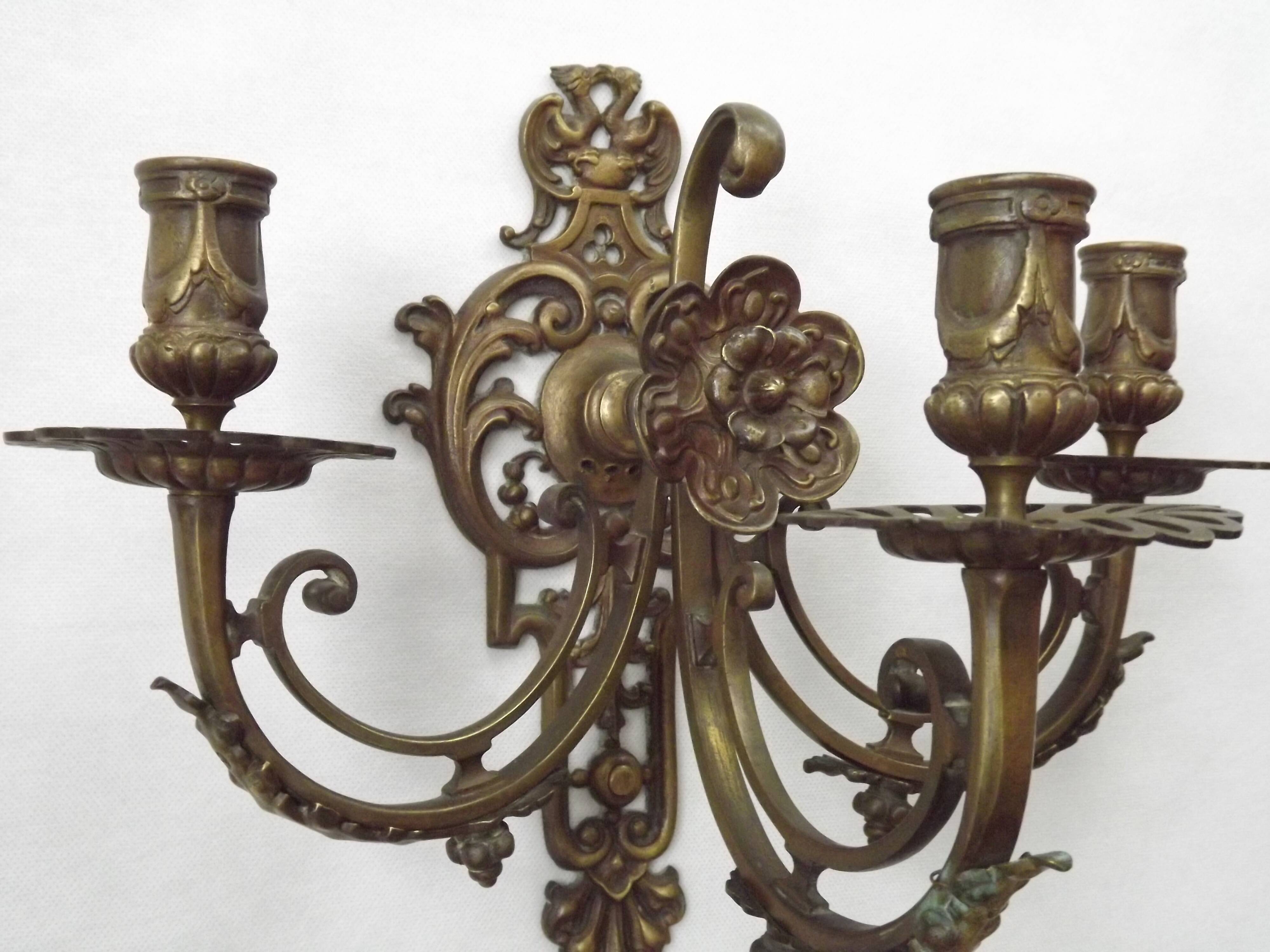 Pair of Heavy Victorian Bronze Triple Wall Sconces Griffin & Flower Detail