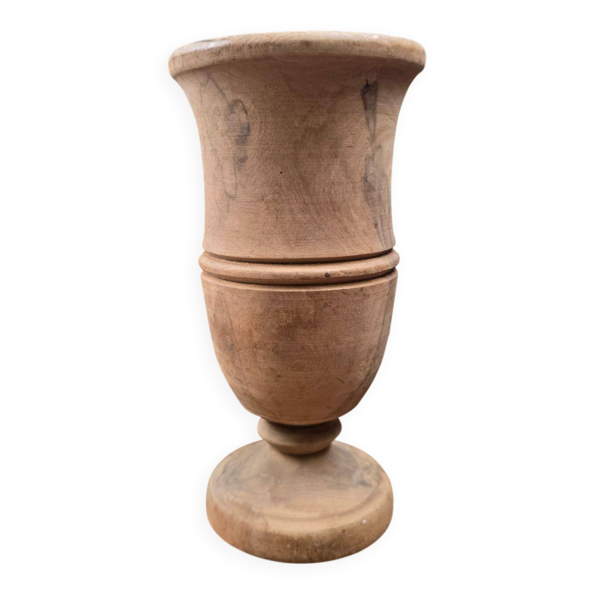 Antique turned wooden vase – Natural patina, crack at the base