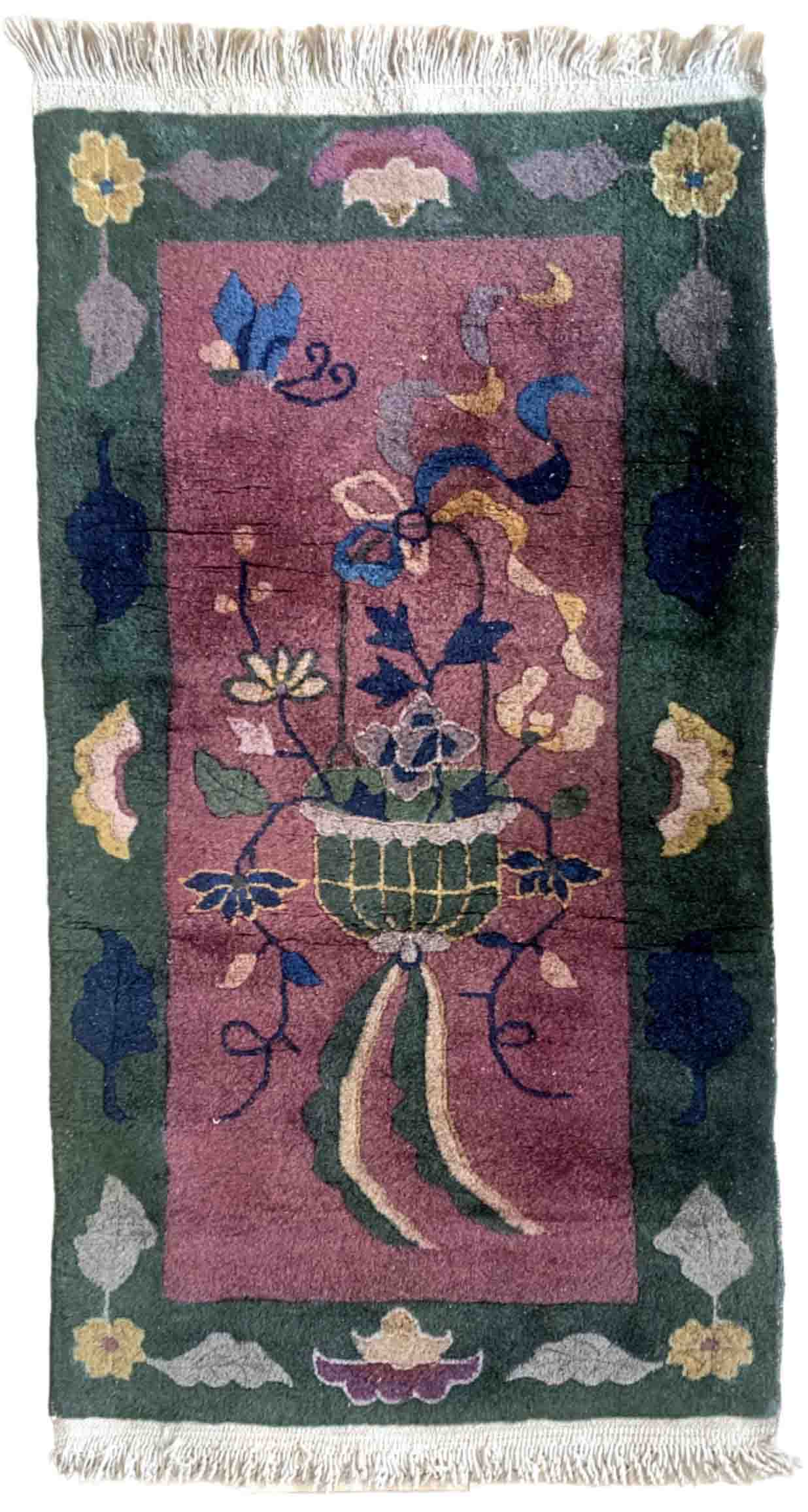 Chinese Art Deco handmade antique carpet 64cm x 128cm 1920s