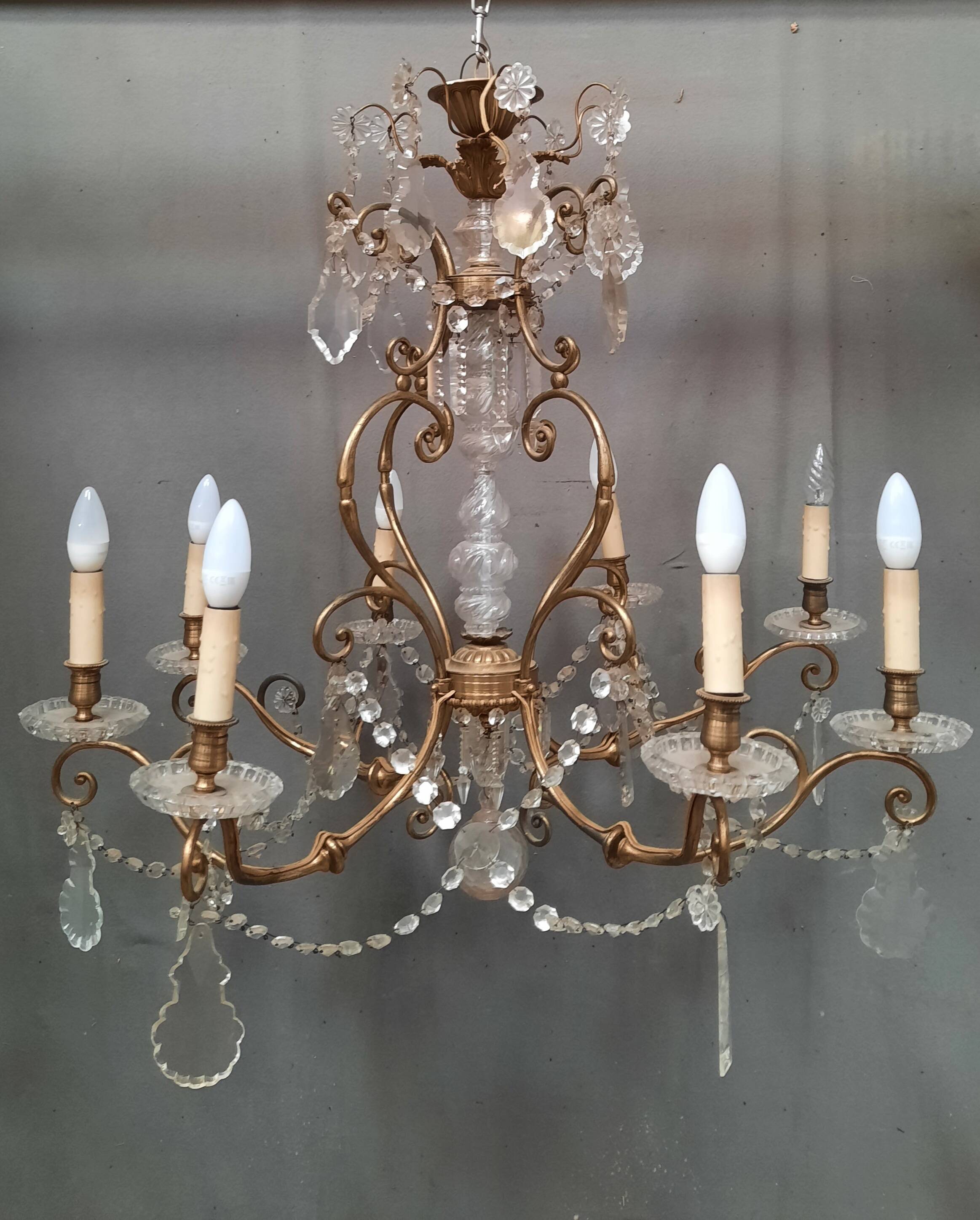 Large brass and glass chandelier
