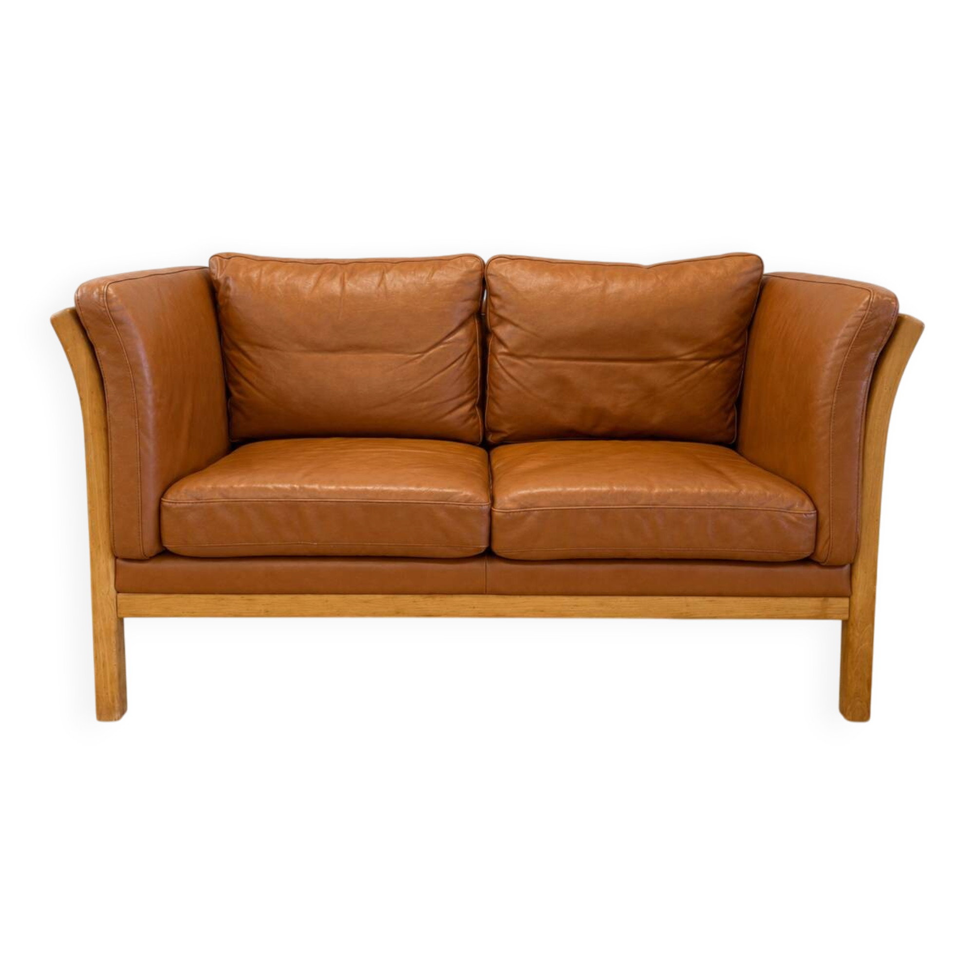 Vintage Danish 2 person sofa in cognac leather with oak frame