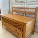 Wooden and rattan toy chest bench