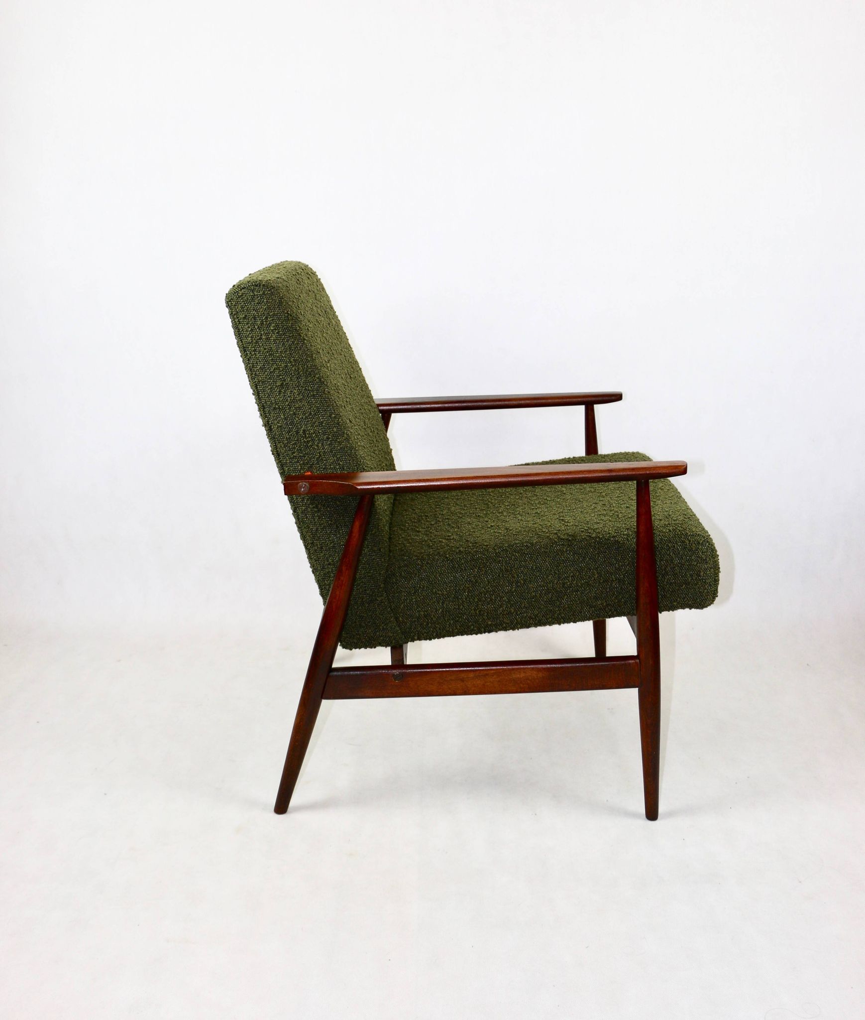 Armchair 'Lis', 1970s olive boucle, design by Henryk Lis - 2 pieces available