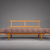 Méridienne vintage en bois de cerisier et laine de Knoll Antimott, années 1950-1960