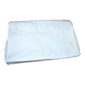 Nappe ronde vintage en coton brodé et ajouré 160x160cm *M3*