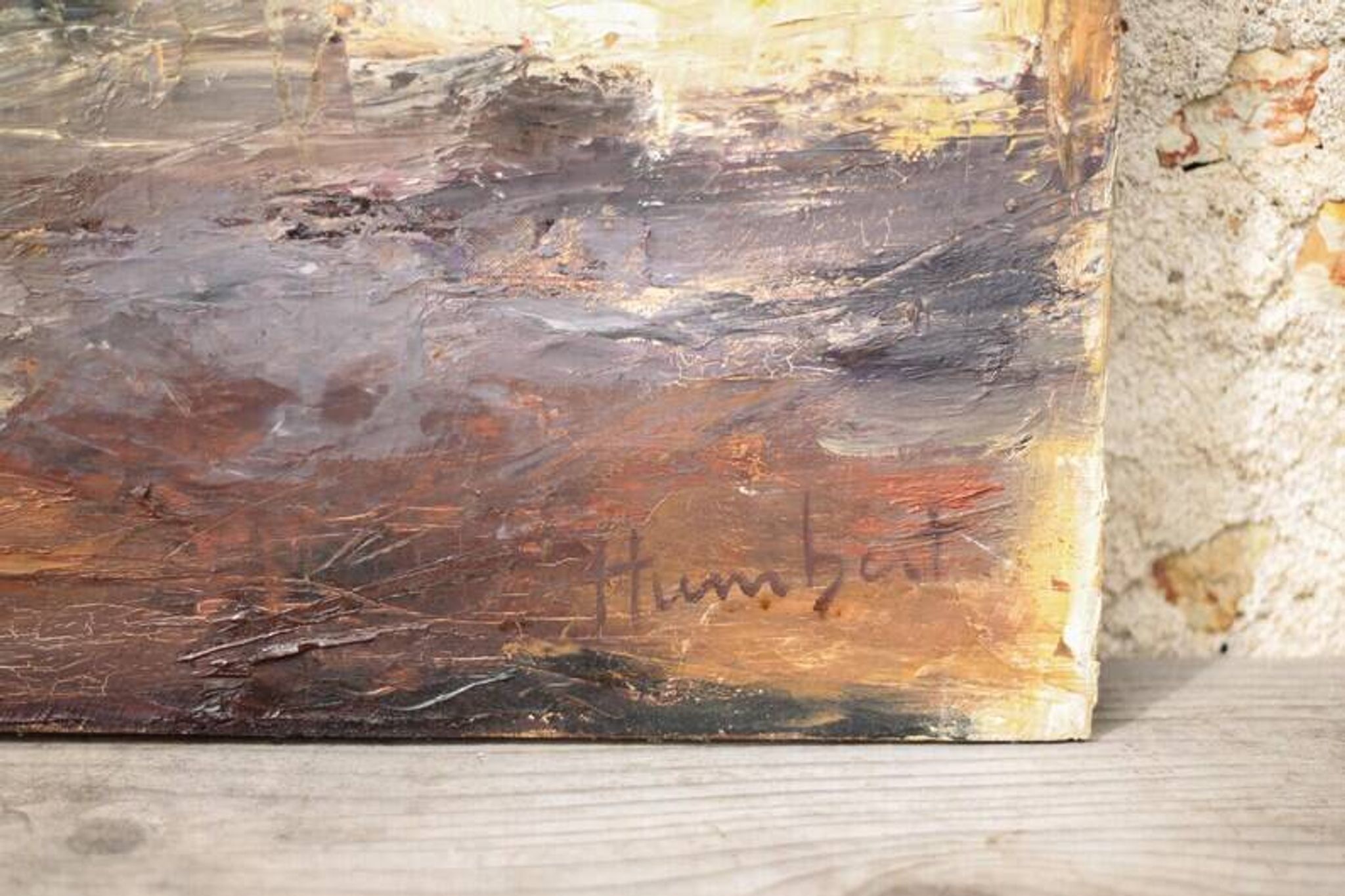 Oil on canvas signed Monique Humbert, abstract composition, wall painting, interior decoration.