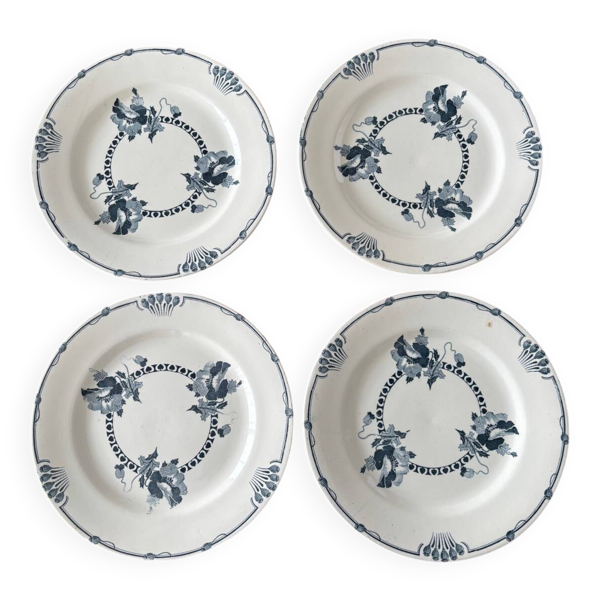 Lot de 4 assiettes anciennes Salins modèle Regina en terre de fer bleue