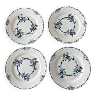Lot de 4 assiettes anciennes Salins modèle Regina en terre de fer bleue