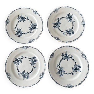 Lot de 4 assiettes anciennes Salins modèle Regina en terre de fer bleue