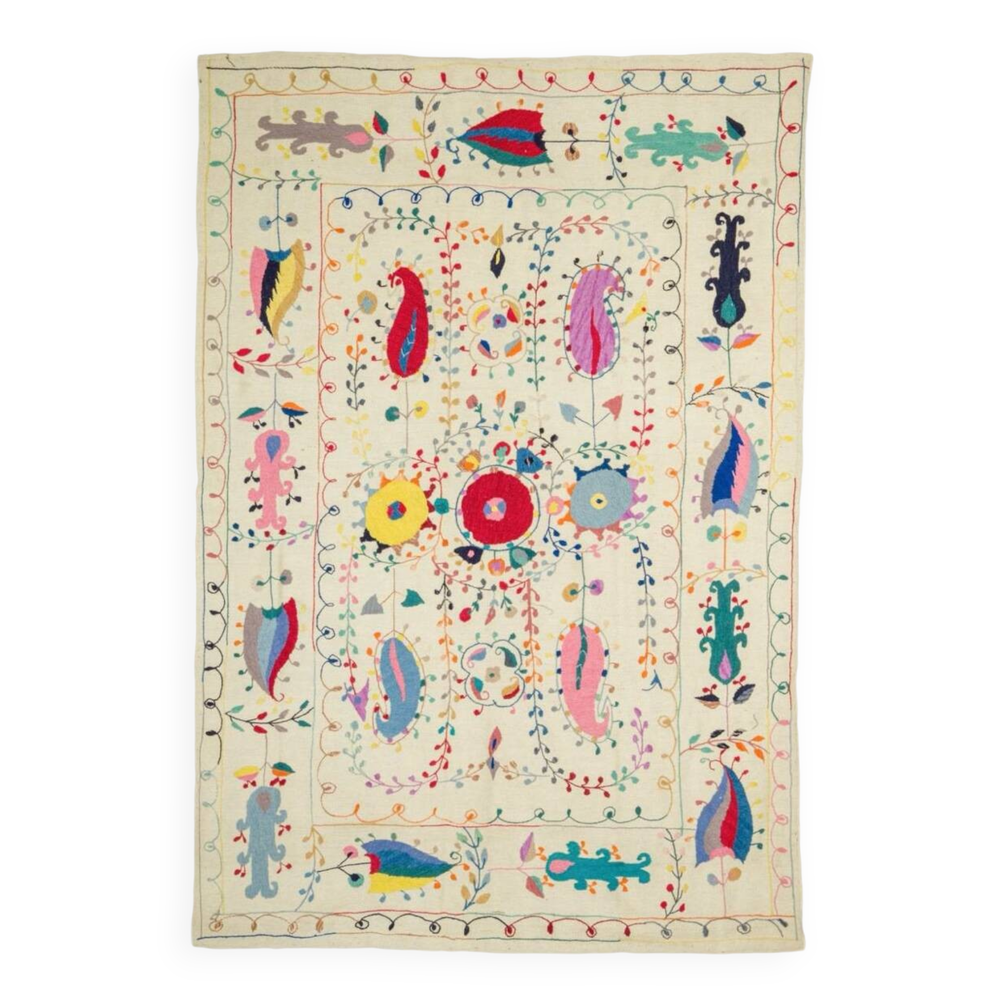White suzani kilim rug with hand embroidered multi-colored patterns