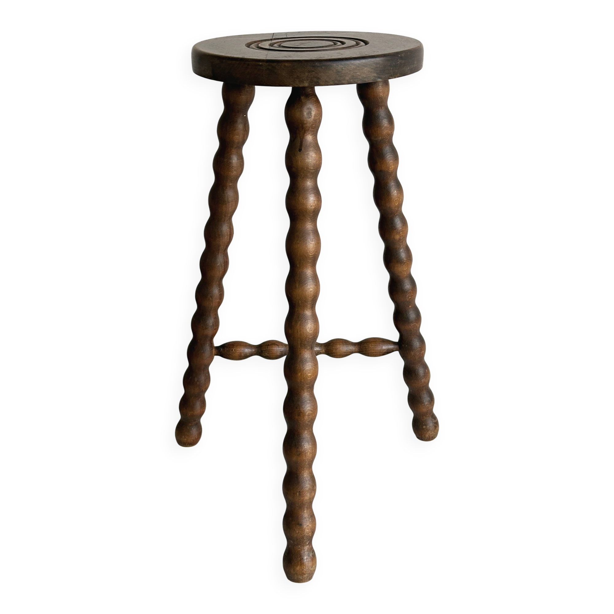 Tabouret tripode ancien en bois torsadé