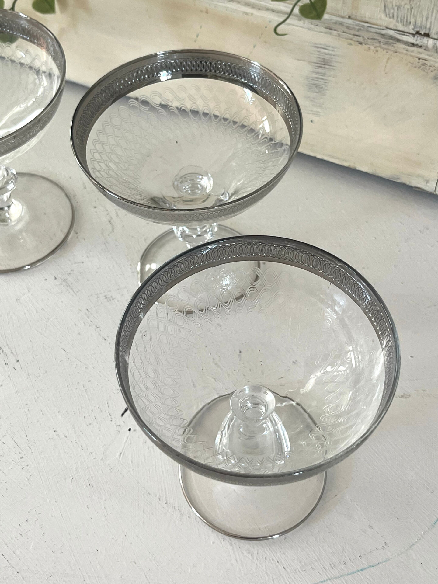 Etched silver rim cocktail coupe glasses set mid century barware