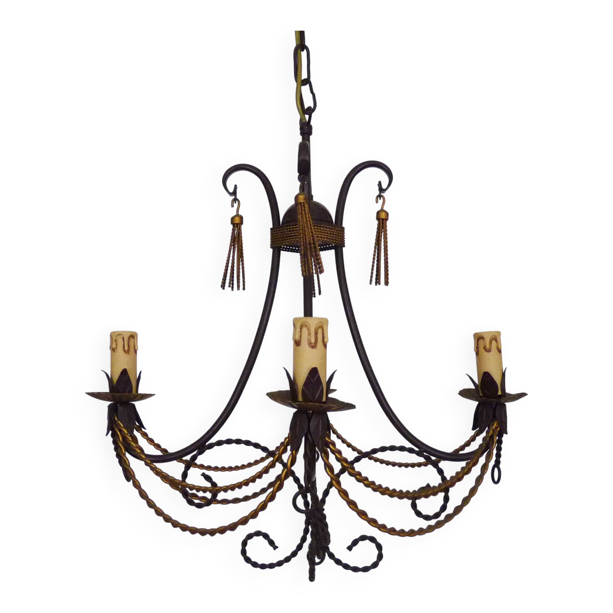 Vintage 4-arm, 4-light chandelier from the 1980s. Brown and gold metal.