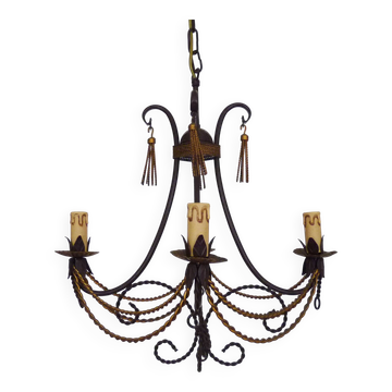 Vintage 4-arm, 4-light chandelier from the 1980s. Brown and gold metal.