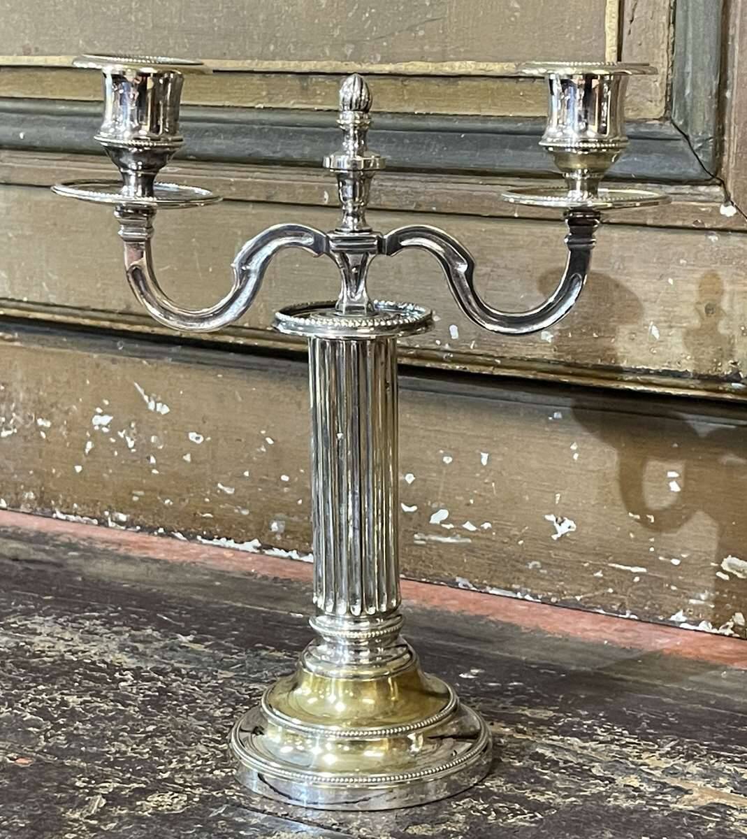 Pair of 2-branched candlesticks in silver metal