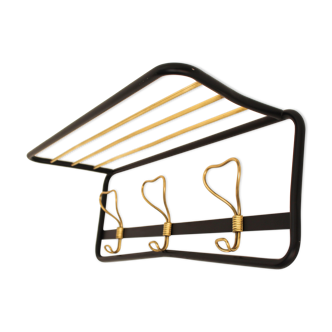 Coat rack with hat box, in brass and black lacquered metal, Italy 1970s