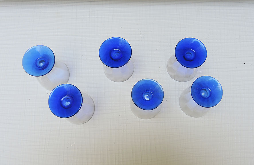 6 old conical glasses art deco transparent blue foot