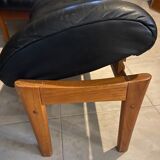 Scandinavian armchair and footrest in teak and leather 1960