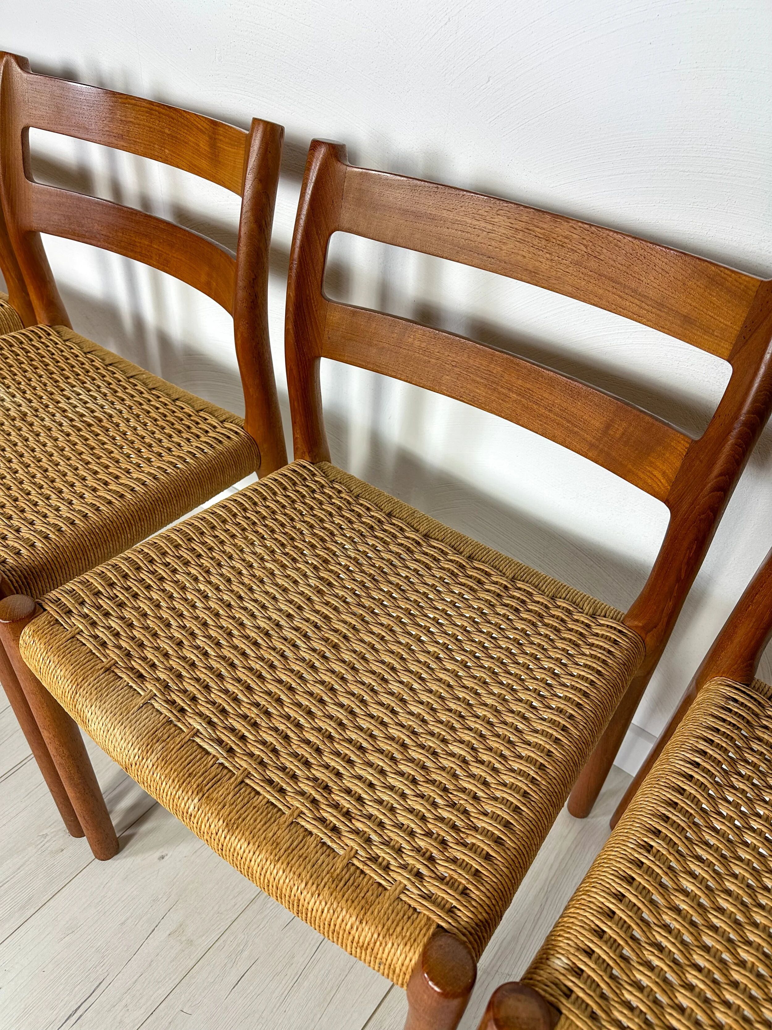 1960s Set of 6 Danish Teak Papercord Dining Chairs Model 84 by Niels Møller