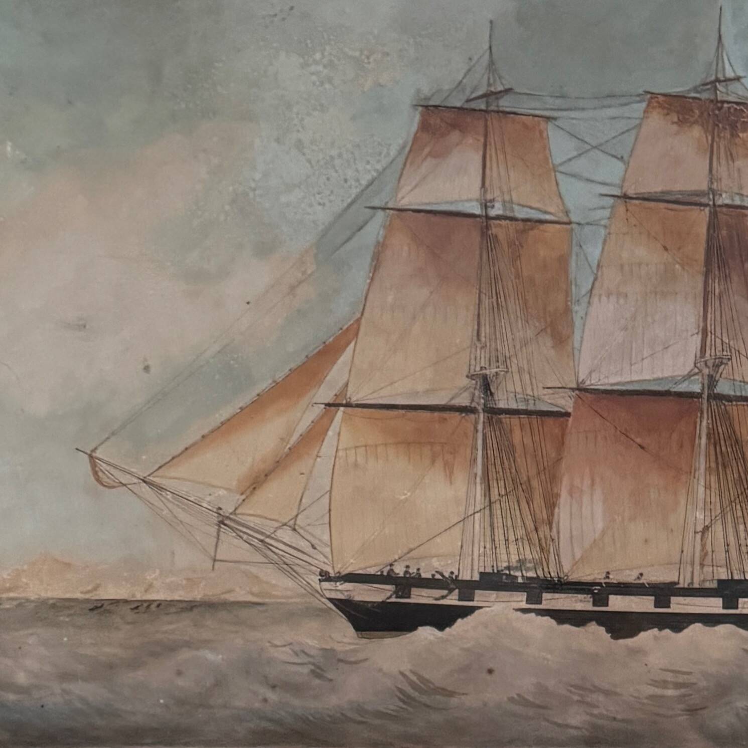 Watercolor on paper of a three-masted French ship from the 19th century by Th. Cochard