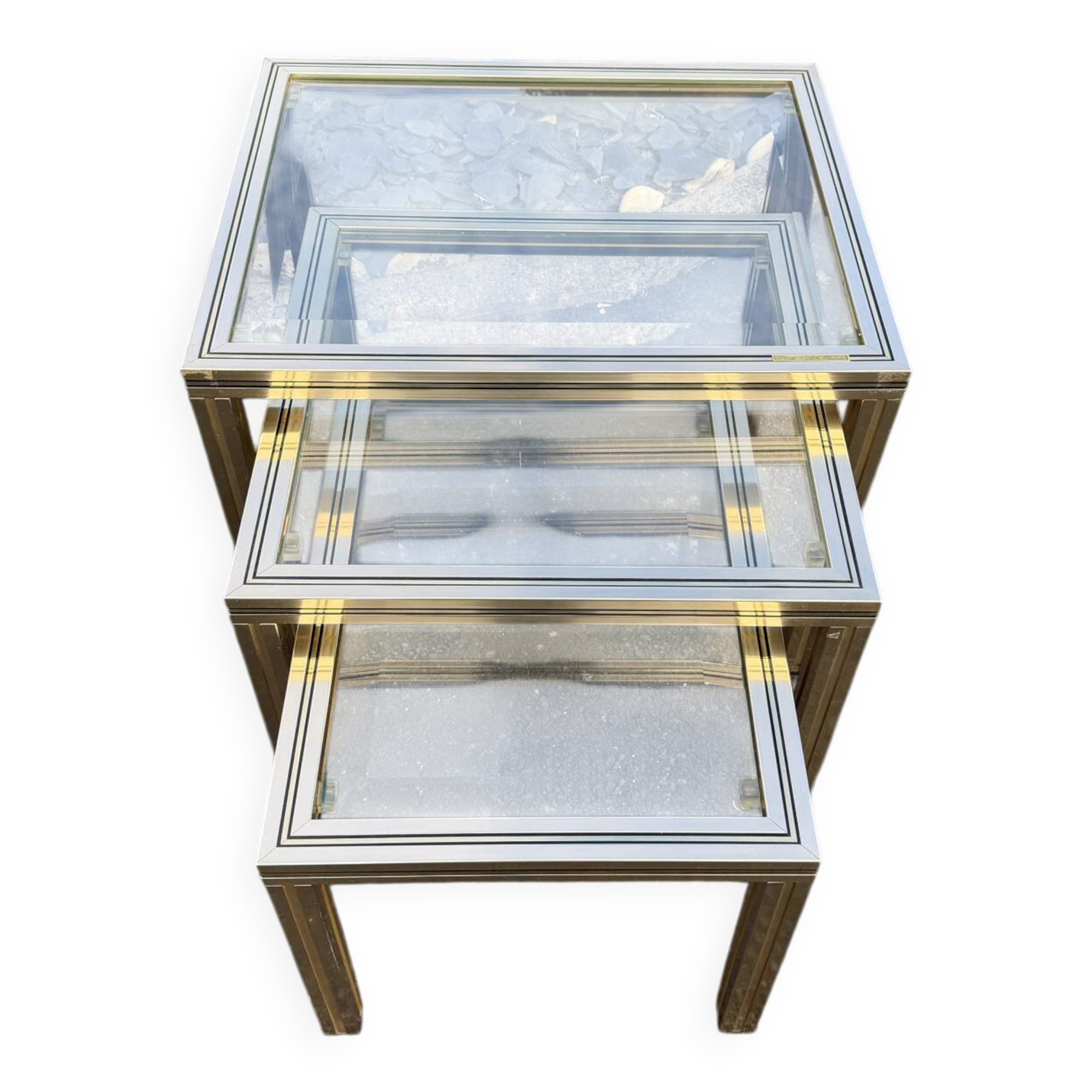 Nested tables by Pierre Vandel Paris in gilded metal and glass, 1970s.