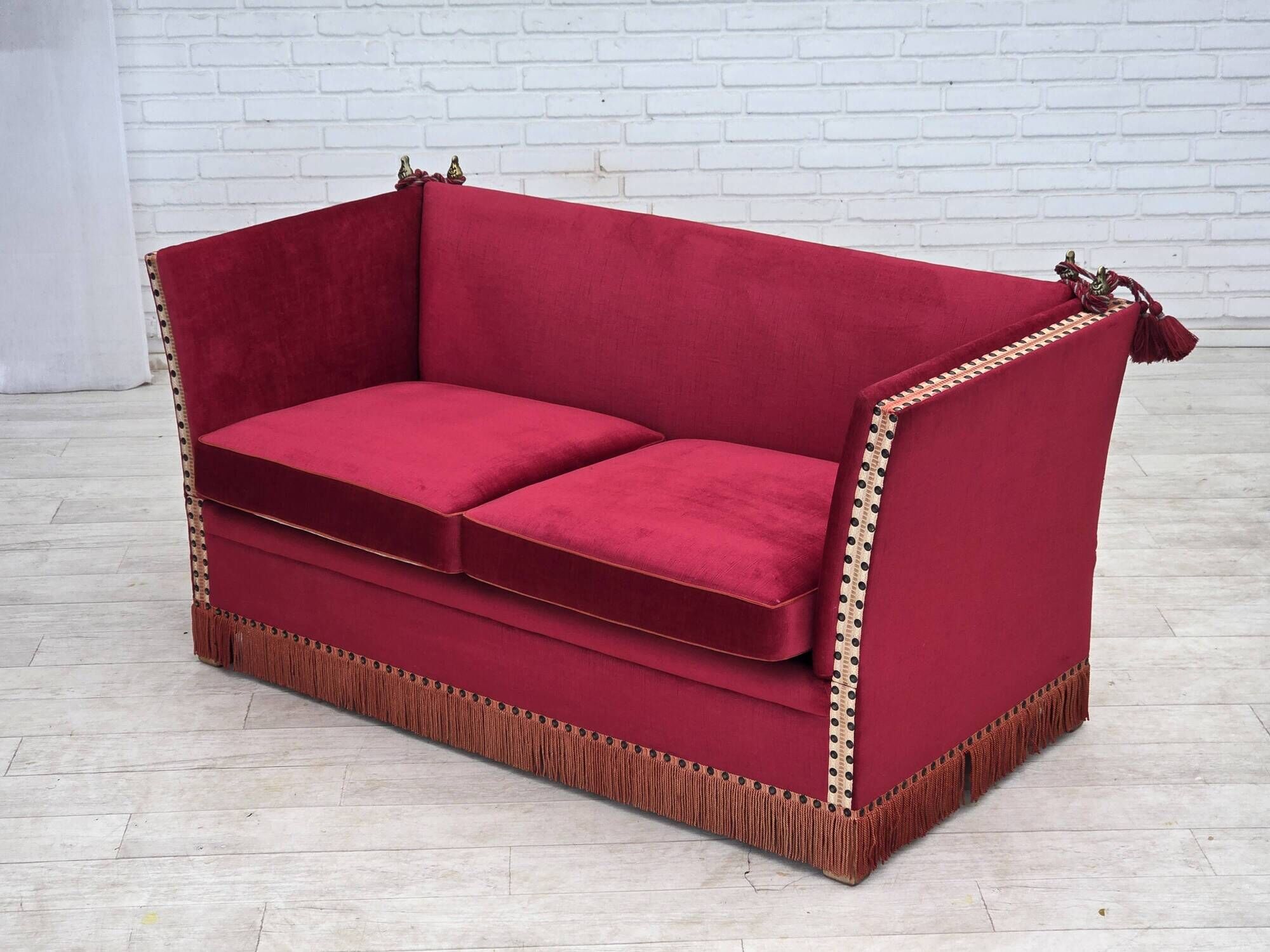 1970s, Danish 2-seater "Spanish" drop arm sofa, furniture velour.