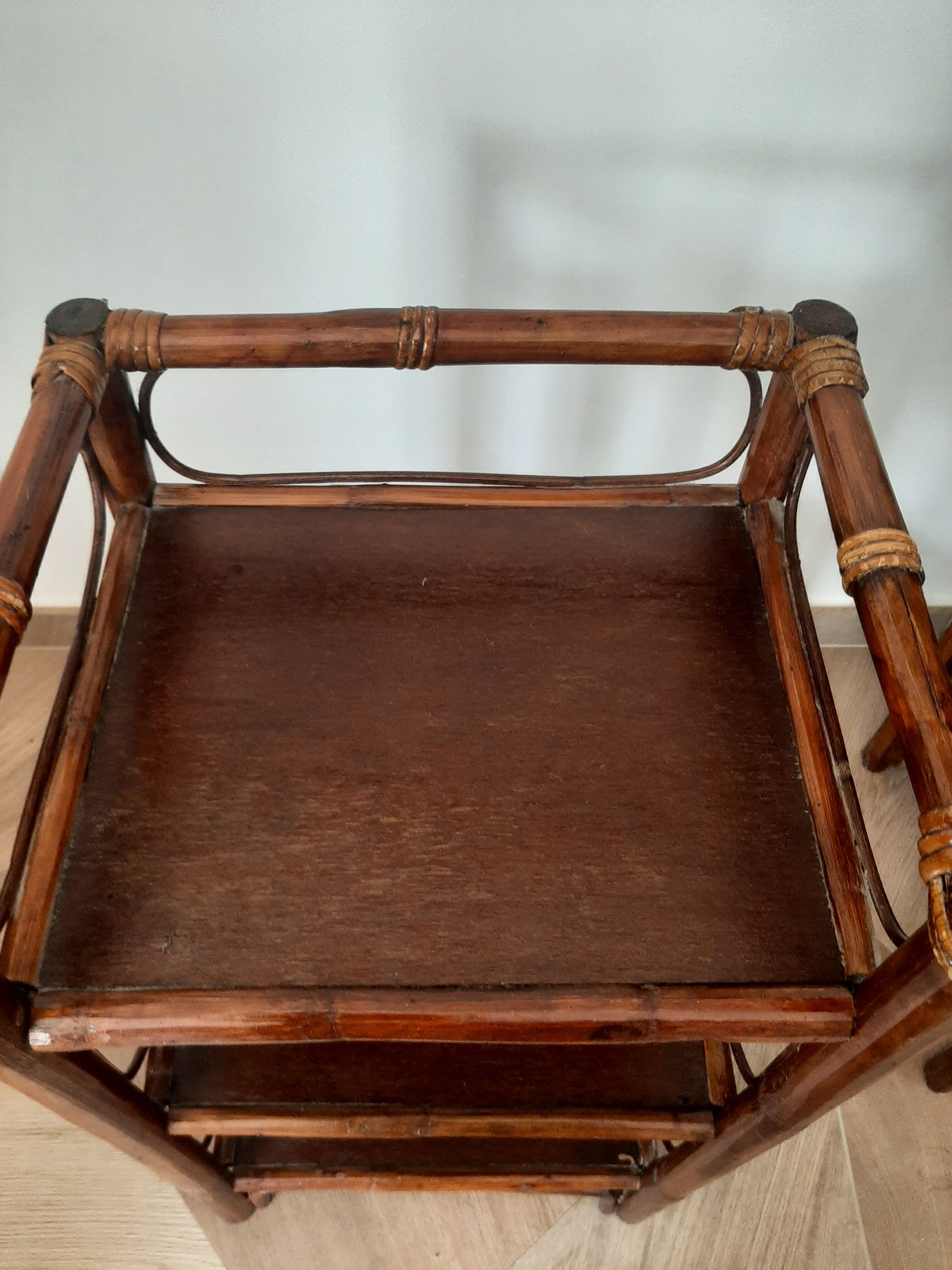 Vintage - set of 2 shelves of wooden floor, bamboo and rattan - 3 levels- retro 80s