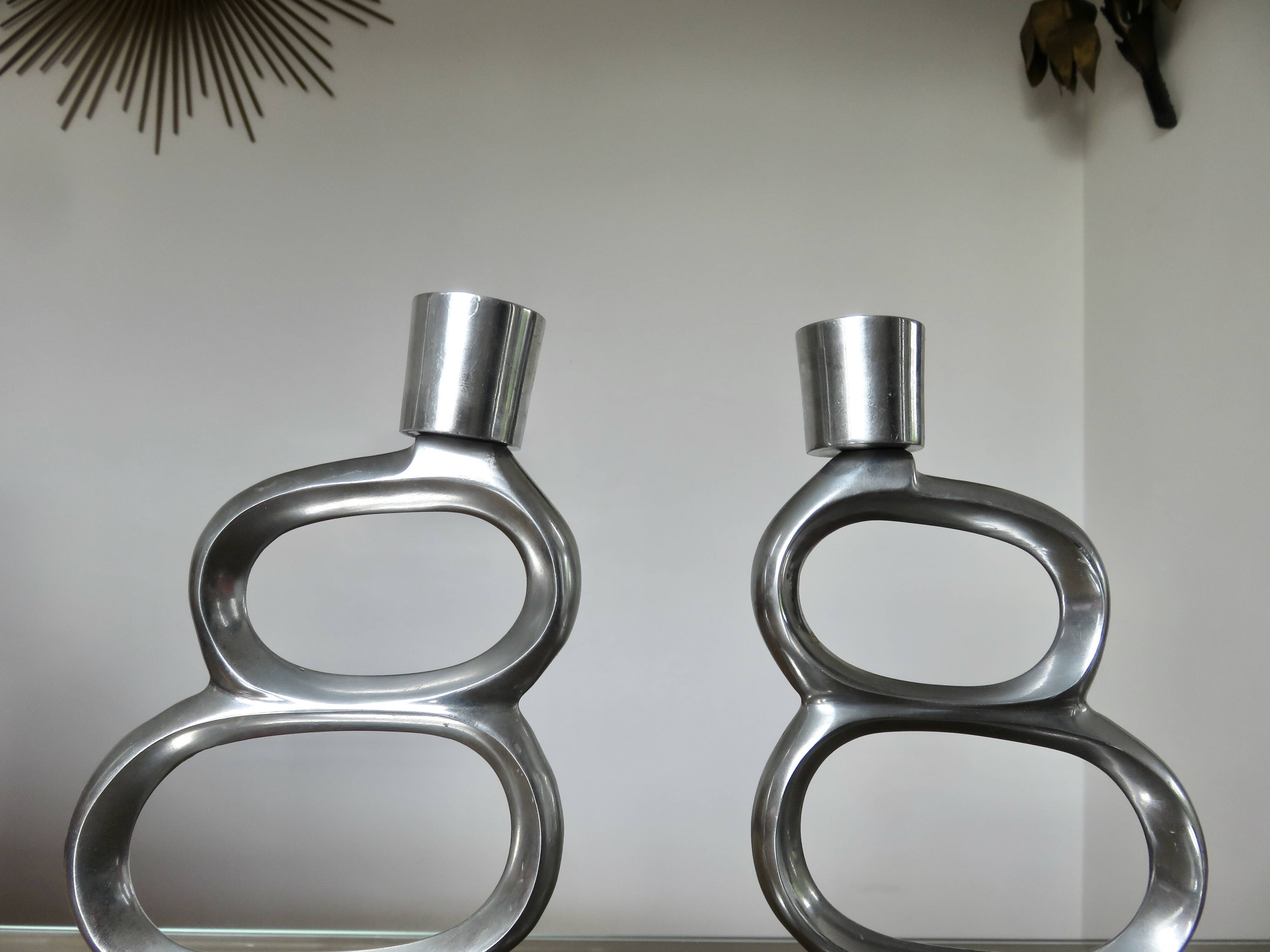 Pair of 1980 aluminum "circle" candlesticks