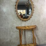 Ensemble miroir et console en bambou et rotin