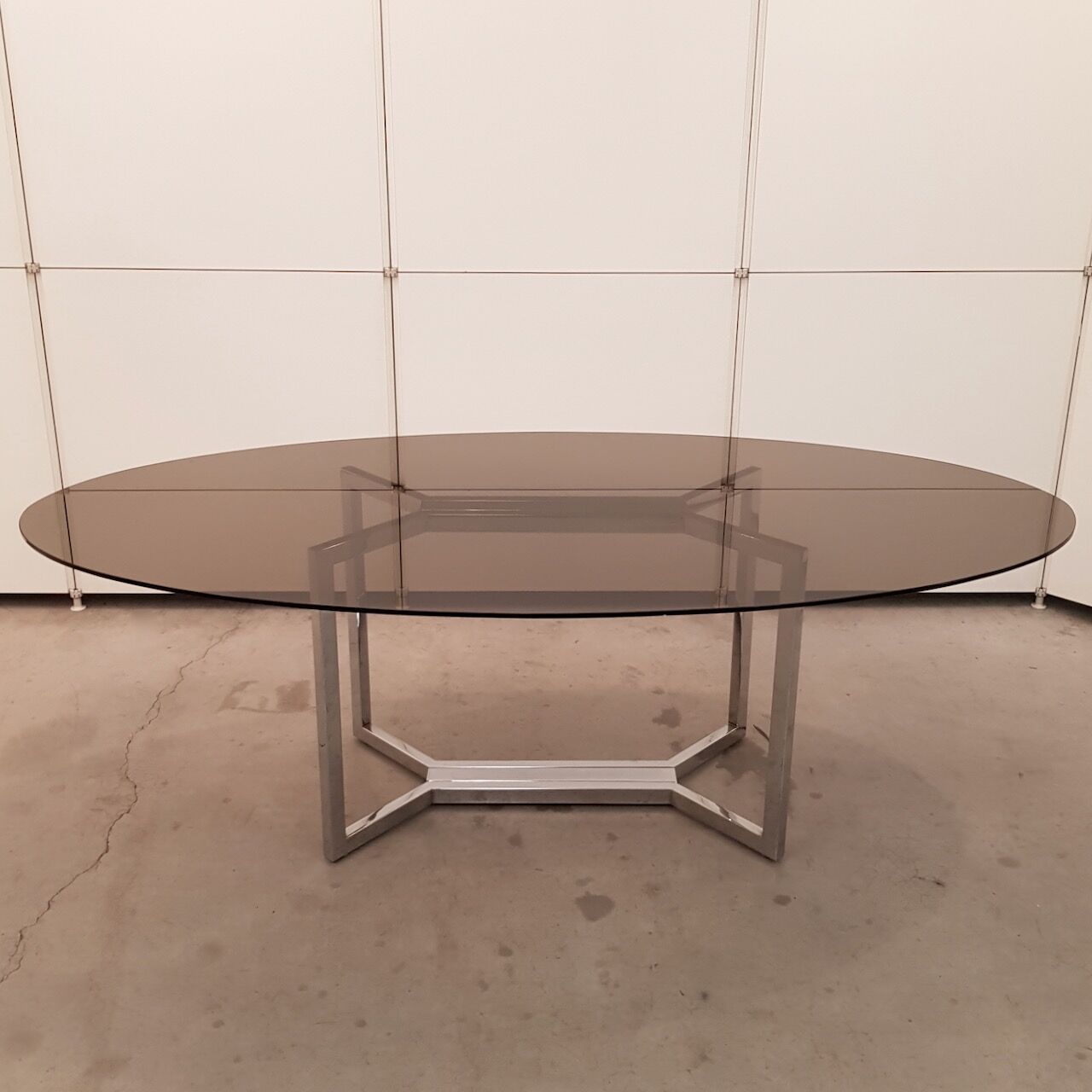 Vintage glass and chrome oval dining table, 1970