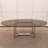 Vintage glass and chrome oval dining table, 1970